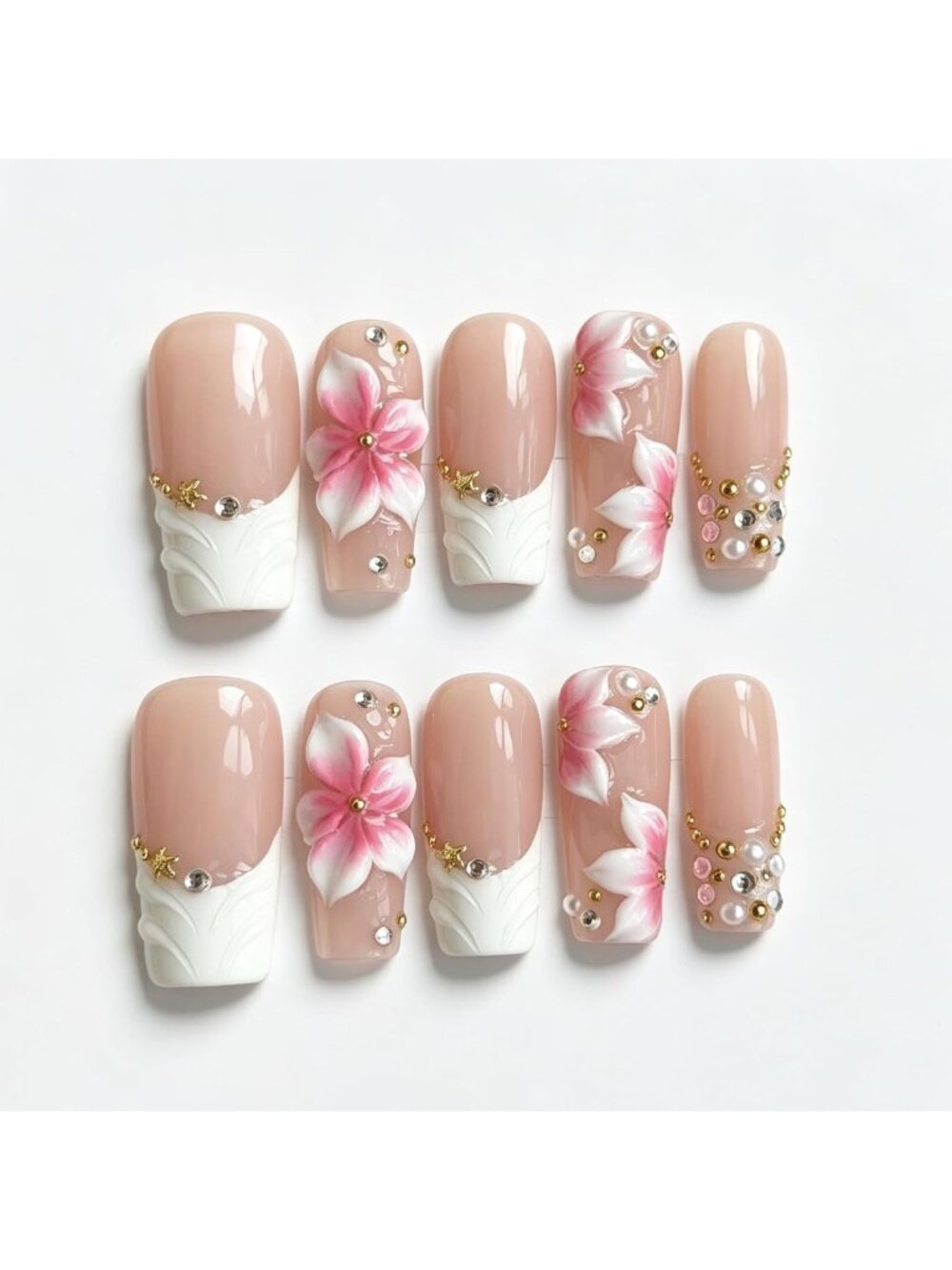 Nude White French Tip Long Square Press-On Nails | Handmade Nail Art Design